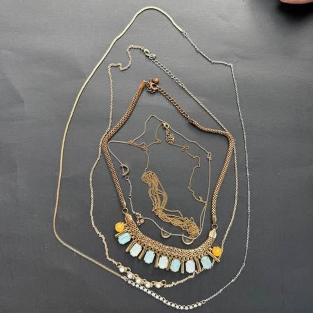 Lot of 6 Statement Necklaces – J.Crew Style Mesh Bib, Herringbone, Rhinestones